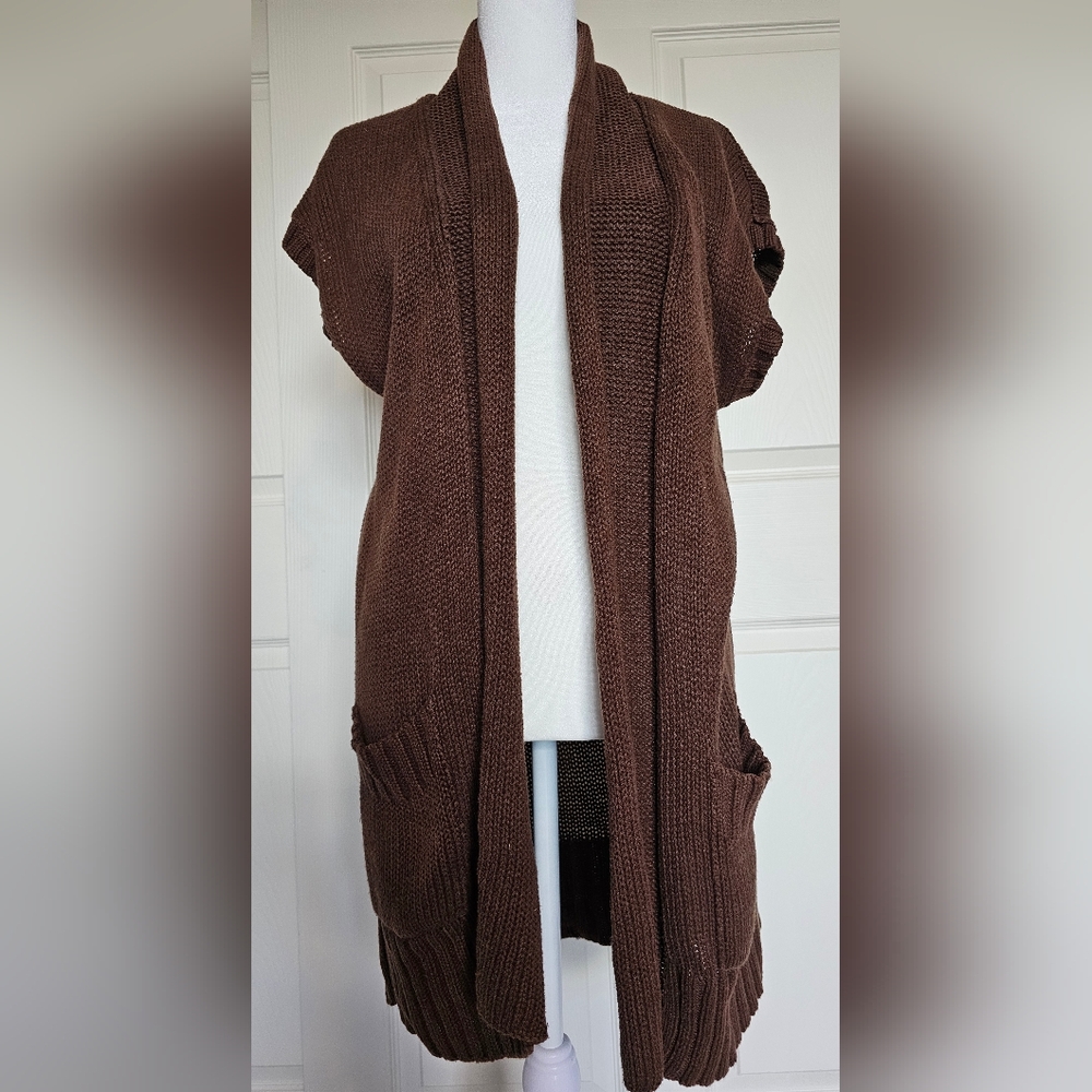 Eddie Bauer Brown Boho Long Cardigan Sleeveless Wrap Vest Cardigan Sweater M